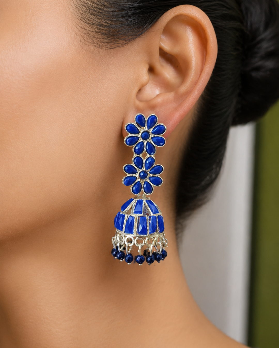 Blue Jhankaar Floral Jhumkis