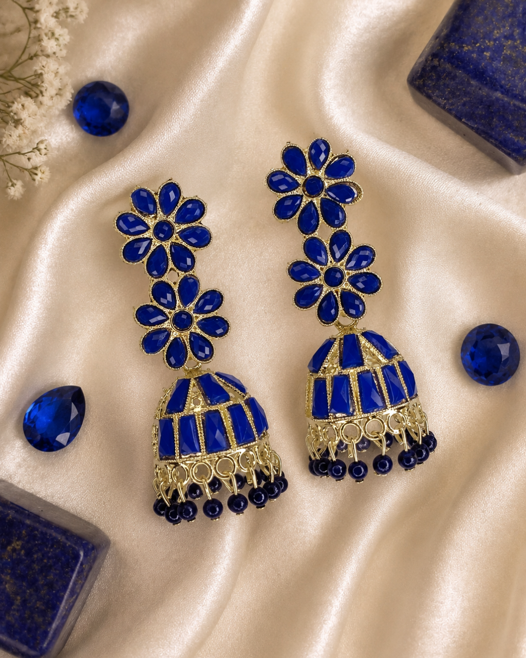 Blue Jhankaar Floral Jhumkis