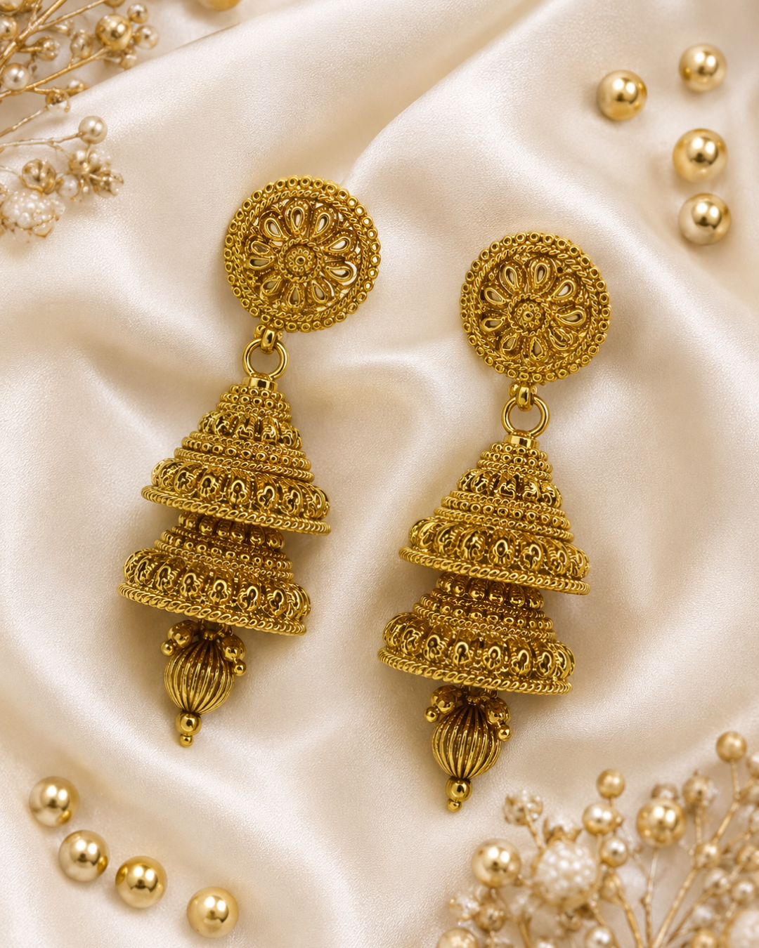 Golden Noor Jhumkis - 2 tier