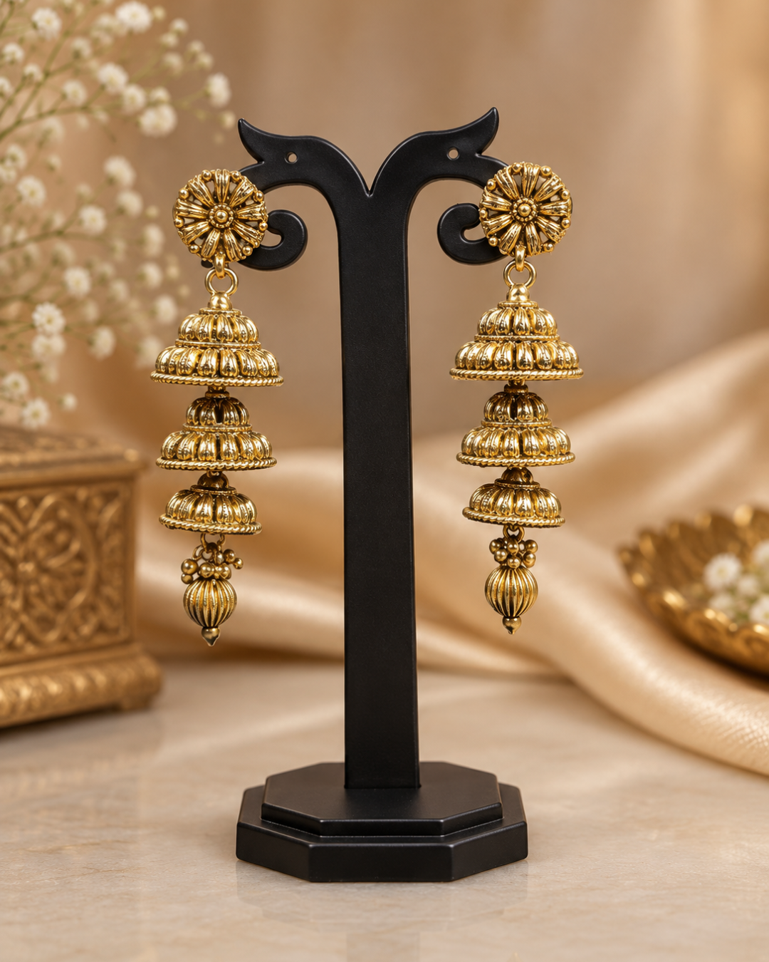 Golden Noor Jhumkis - 3 tier