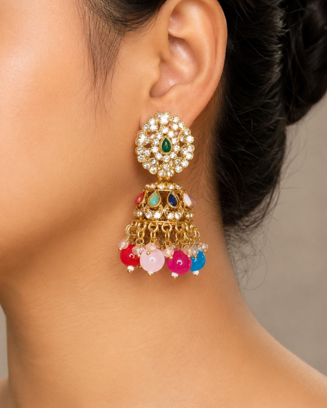 Colourful Glamorous Crystal Jhumkis