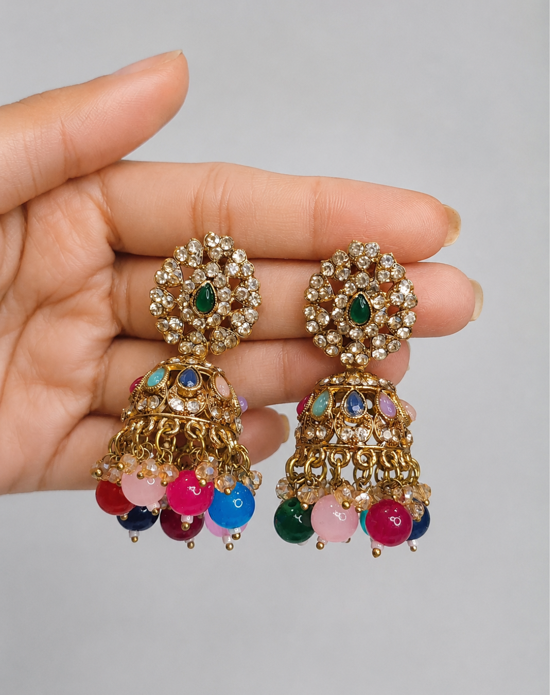 Colourful Glamorous Crystal Jhumkis