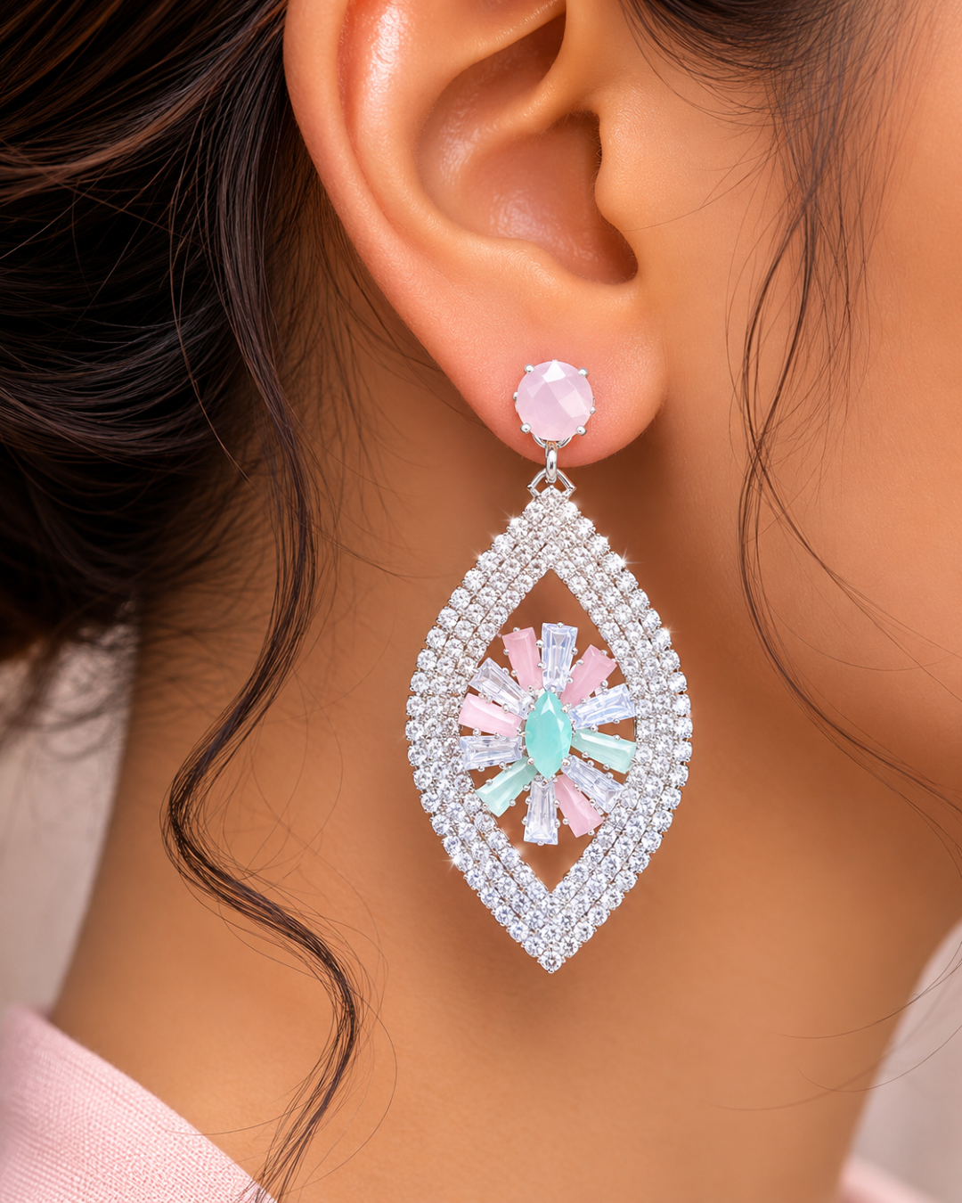 Pink Stylish Crystal Danglers